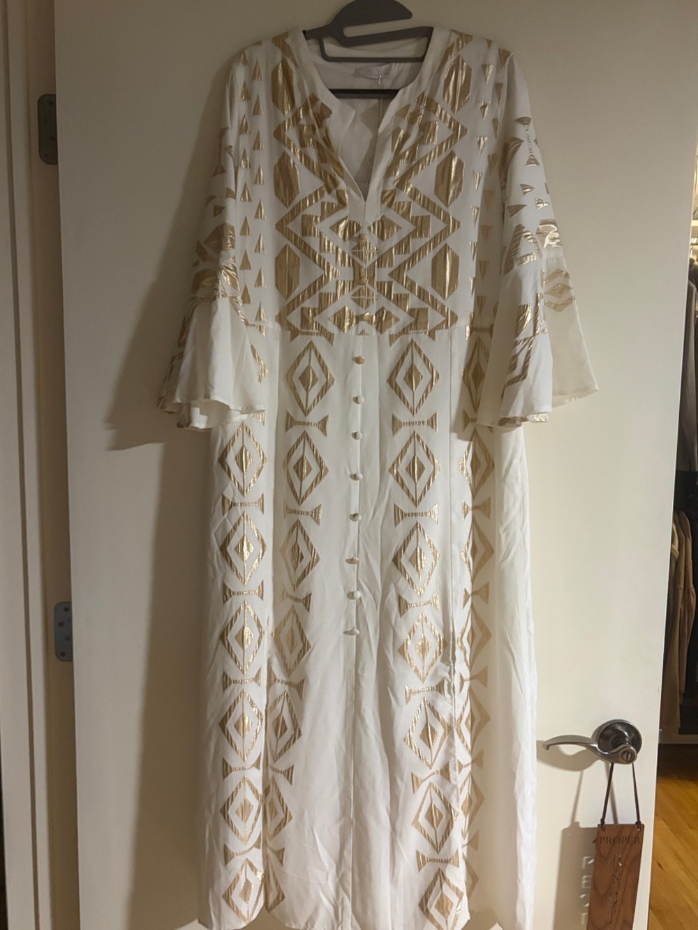 NEW Lace Boho White Maxi Dress with Gold Geometric Embroidery